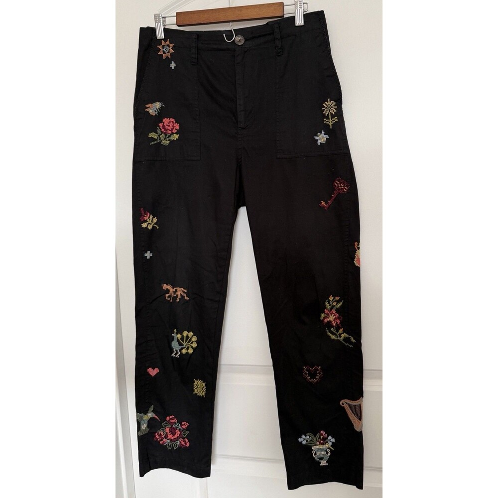Johnny Was Workshop Womens Pants Size 12 Black Embroidered Boho Straight Leg - Picture 2 of 14